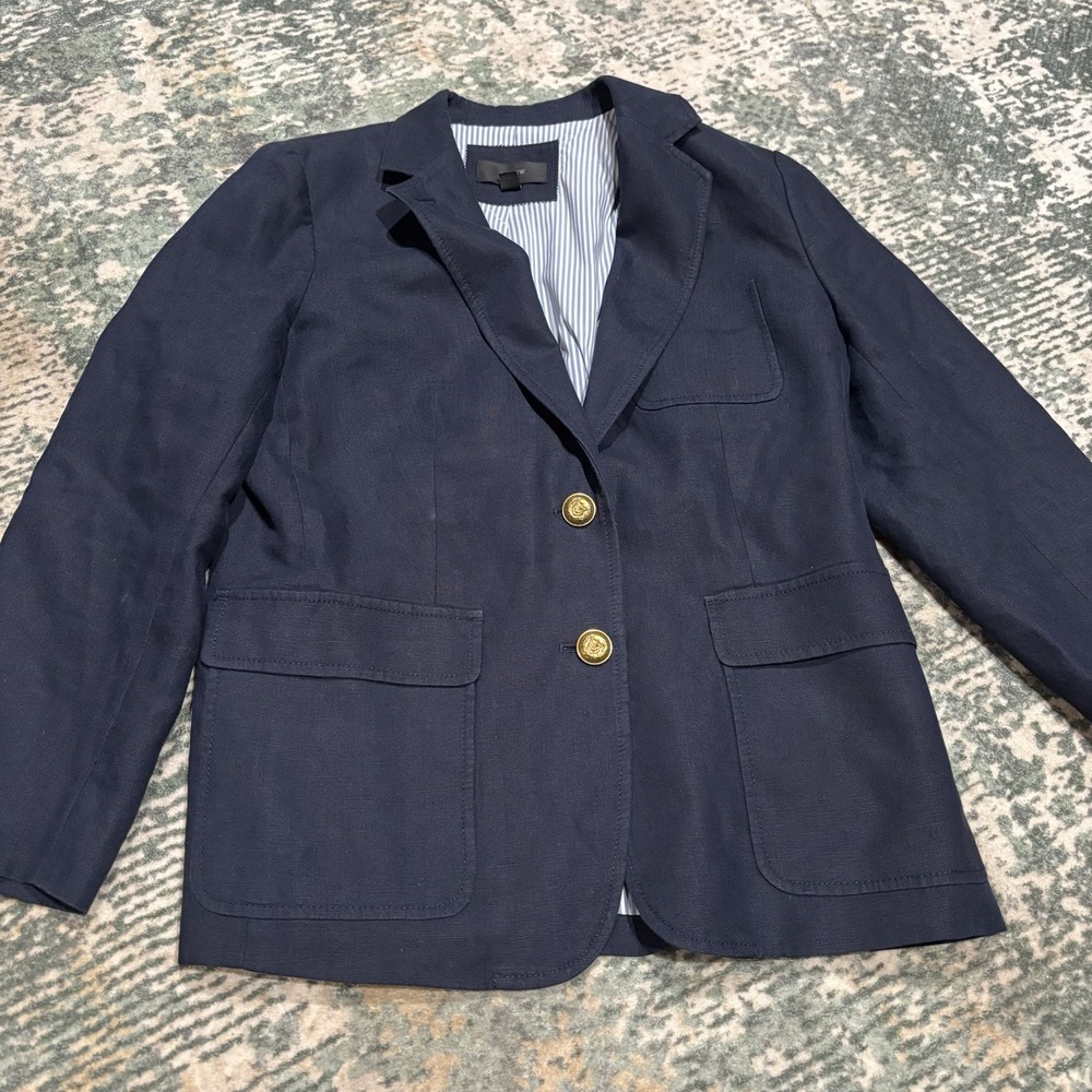 Jcrew Rhodes Blazer Linen Women's Size 12 Navy Good Button Popped Collar